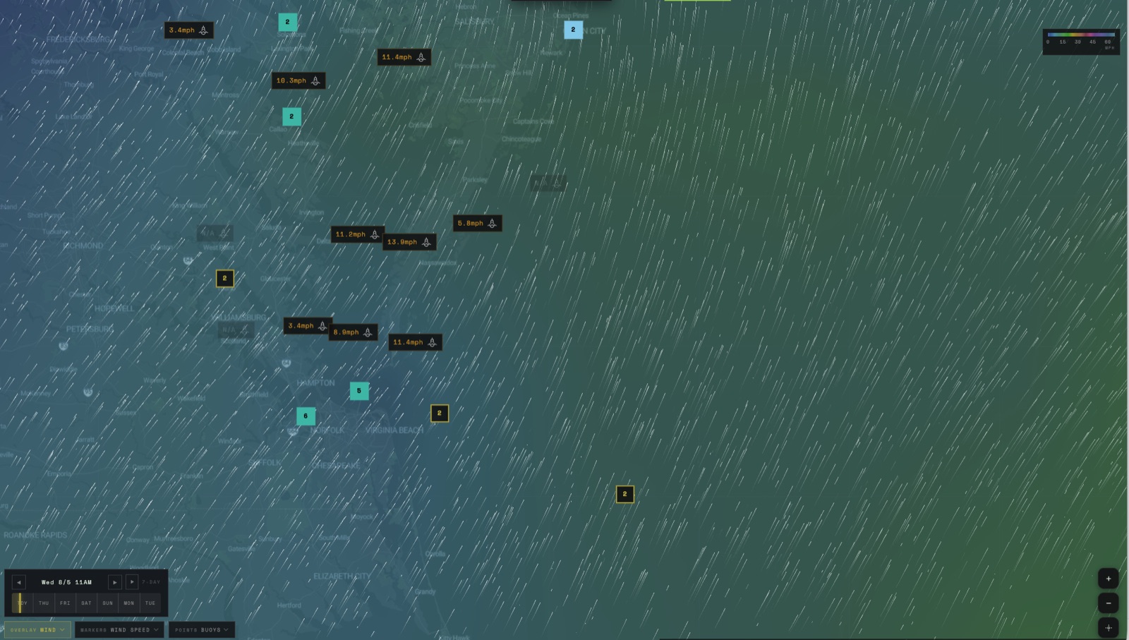 The rebuilt wind overlay — speed shading, live particles, and the new day-by-day time selector.